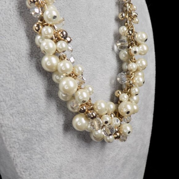 Vintage The Limited Faux White Pearl Shaky Necklace Two-Tone Clear Crystal Beads - Picture 6 of 9